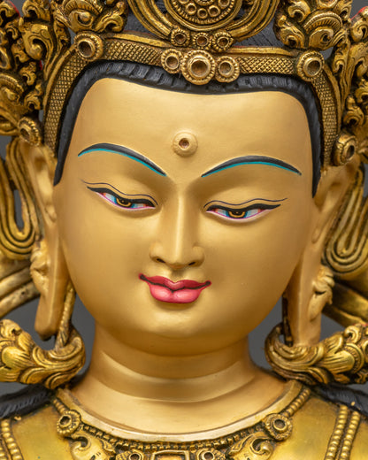 Detailed close-up of Manjushri face, serene expression with floral halo
