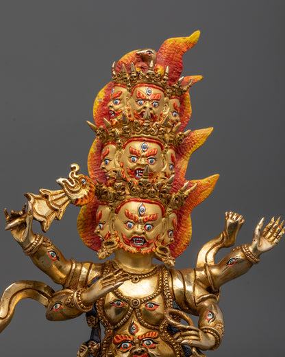 Detailed close-up of Rahula statue with nine heads and multiple eyes symbolizing spiritual