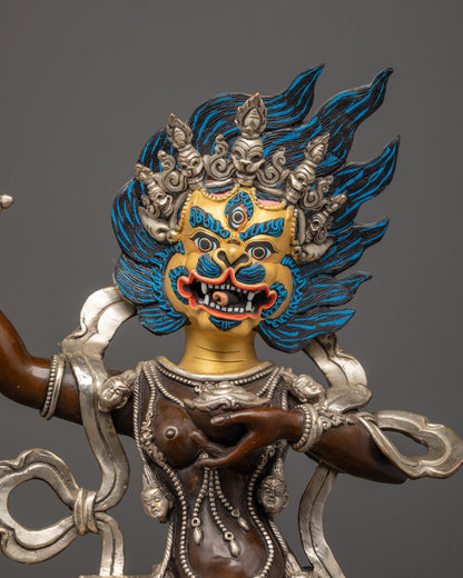 Detailed close-up of Singha Mukha's gold-gilded face with lion features
