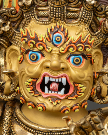 Detailed close-up of Vajrapani right hand holding vajra, protector deity symbolism