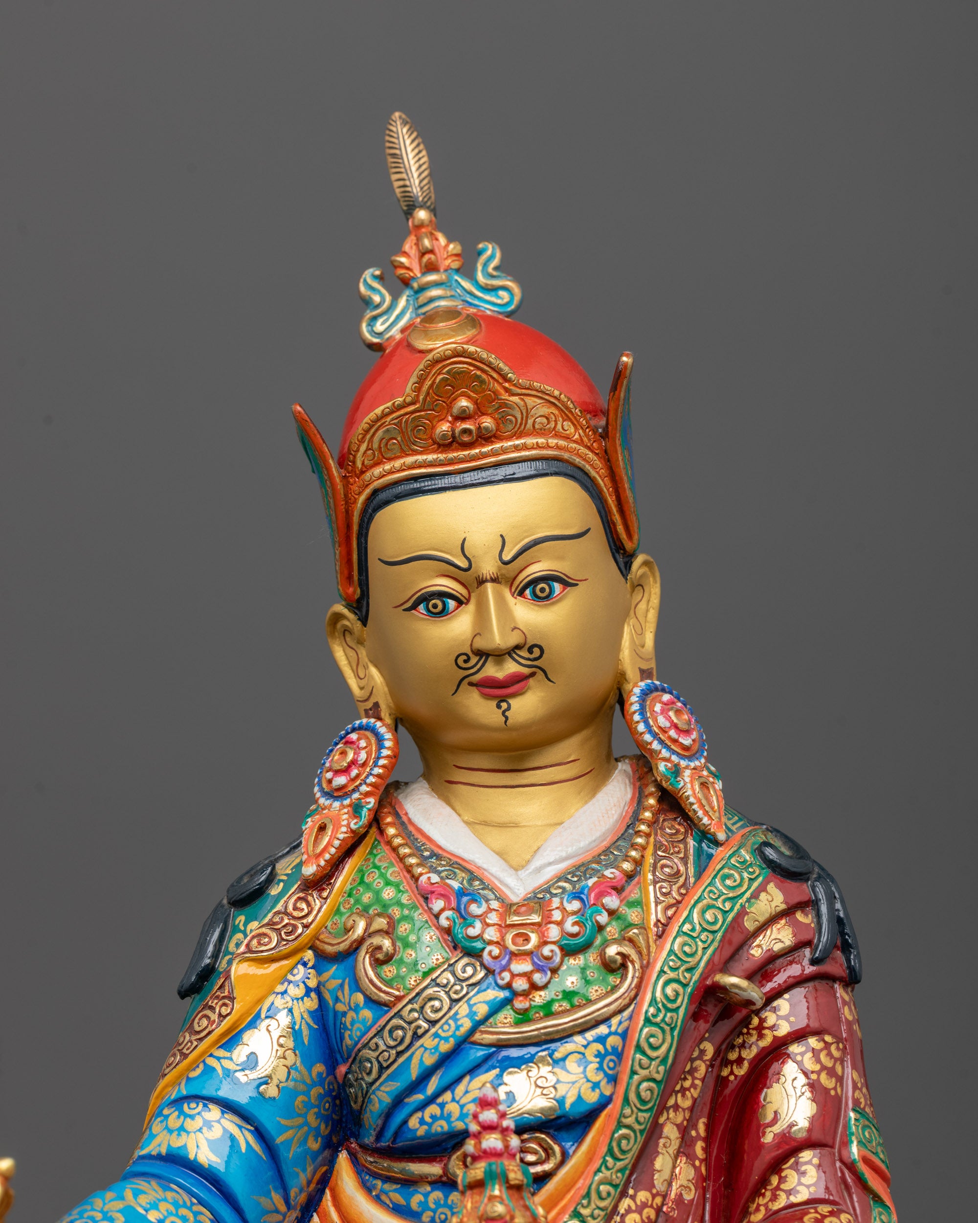 Detailed close-up of premium copper Guru Rinpoche Statue featuring vibrant acrylic colors