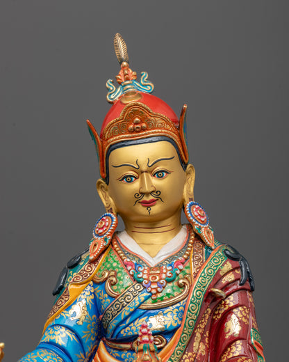 Detailed close-up of premium copper Guru Rinpoche Statue featuring vibrant acrylic colors