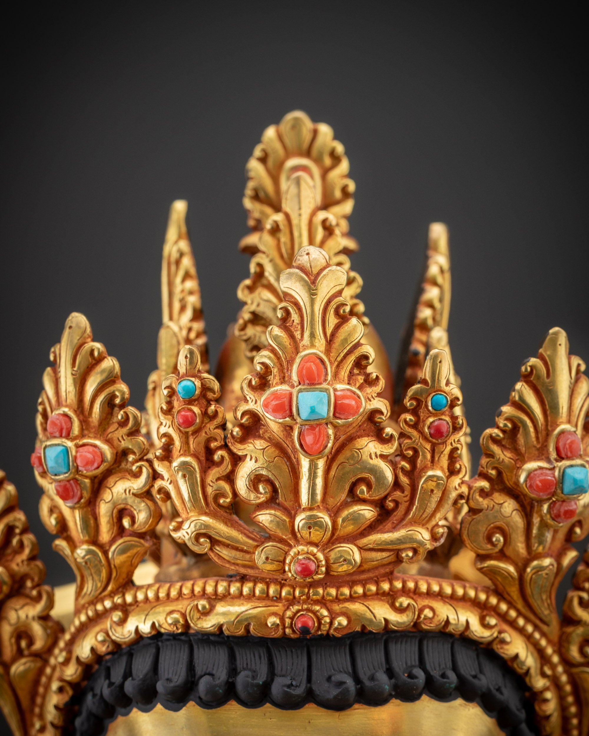 Detailed close up Maha Manjushri Statue five jeweled crown with ornate gold gilding and fine carving