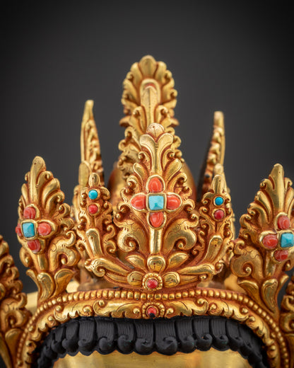 Detailed close up Maha Manjushri Statue five jeweled crown with ornate gold gilding and fine carving