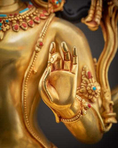 Detailed close up Maha Manjushri Statue showing Abhaya Mudra hand gesture symbolizing fearlessness