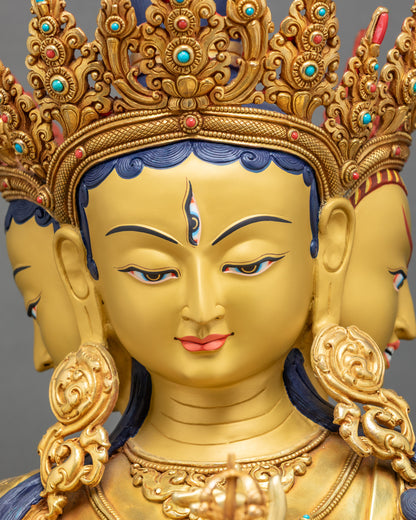 Detailed close up Namgyalma face with three expressions symbolizing wisdom compassion power
