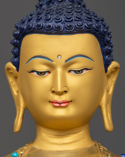 Detailed close up face Amitabha Buddha 24k gold-gilded copper peaceful expression