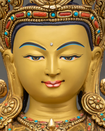 Detailed close up face Dorje Sempa Bodhisattva serene gold-gilded face with halo