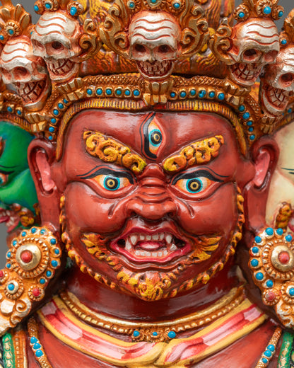Detailed close up face: Hayagriva statue face close-up, gold-gilded Nepalese protector deity