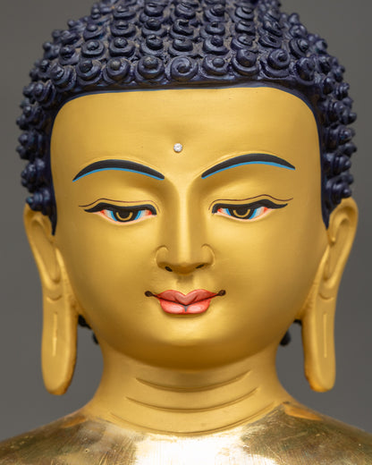 Detailed close up face Samantabhadra Bodhisattva serene expression gold-gilded face