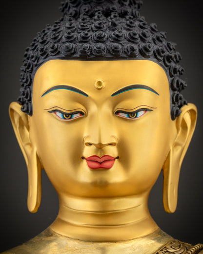 Detailed close up face of Amitabha Buddha, peaceful gold-gilded expression with halo
