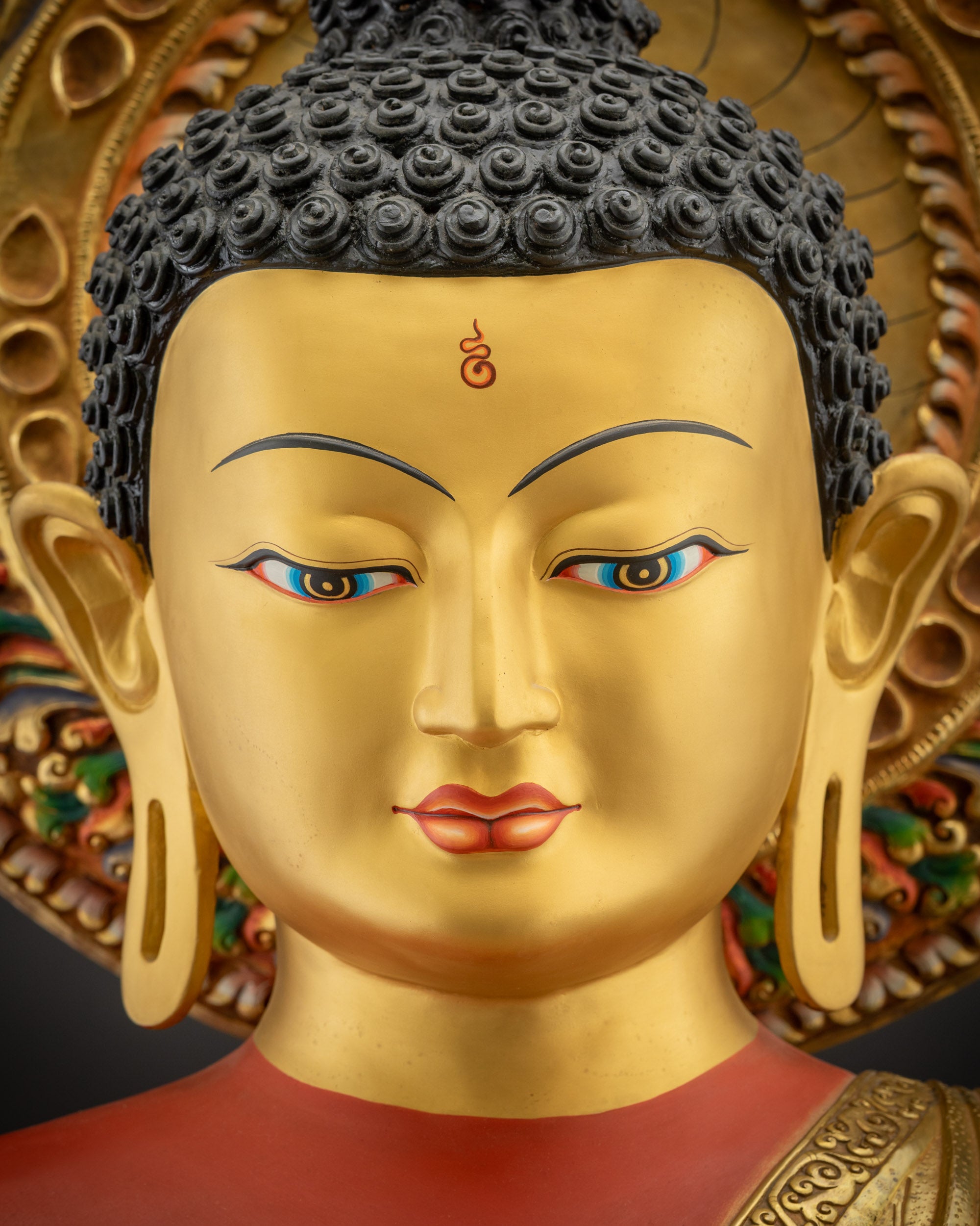 Detailed close up face of Amitabha Buddha with serene Gold-Gilded expression
