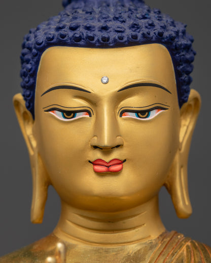 Detailed close up face of Amoghasiddhi Buddha statue with gold-gilded calm gaze
