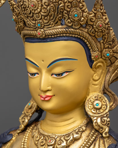 Detailed close up face of Manjushri with gold fire-gilded face and serene expression
