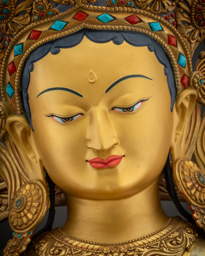 Detailed close up face of Masterpiece Green Tara Statue showing serene expression