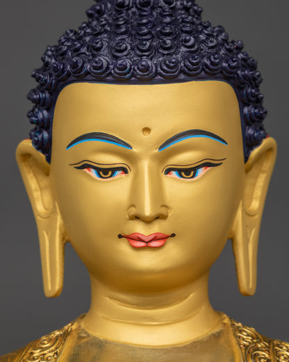 Detailed close up face of Medicine Buddha statue with serene 24K gold-painted expression