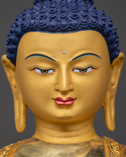Detailed close up face of Shakyamuni Buddha with serene gold-gilded expression
