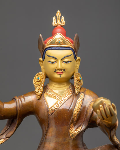 Detailed close up face of wrathful yet compassionate Deva Guru Rinpoche Tibetan statue
