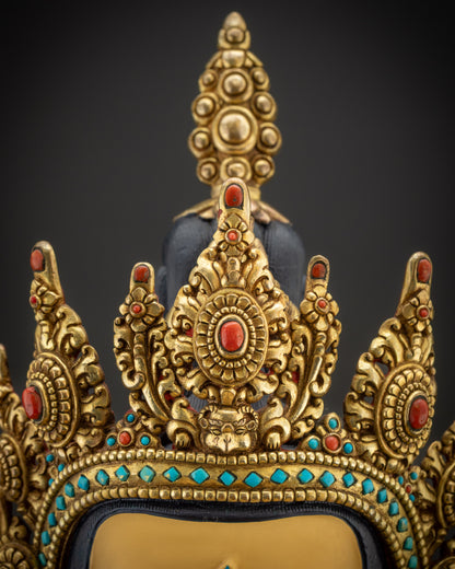 Detailed close up five-jeweled crown on Avalokiteshvara Bodhisattva statue
