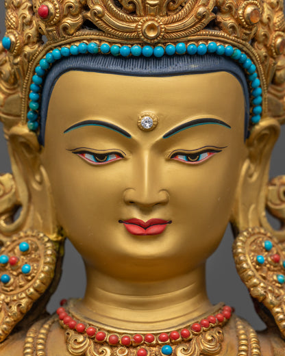 Detailed close up of Amitayus face with serene expression and floral halo