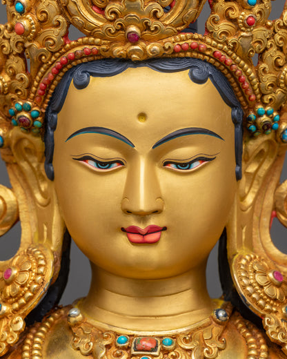 Detailed close up of Green Tara face with Five-Jeweled Crown and semi-precious jewelry stones