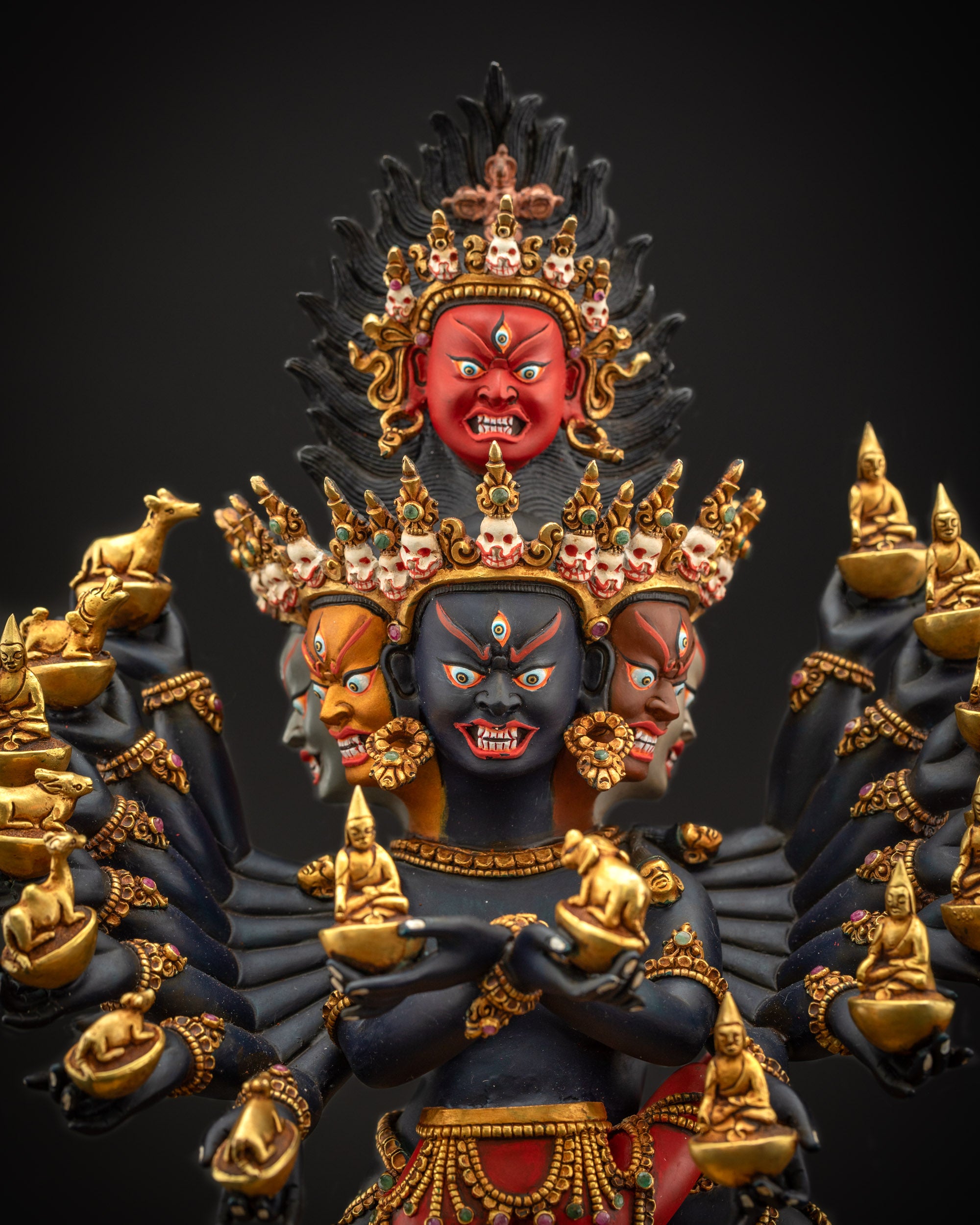 Detailed close up of Hevajra’s eight wrathful faces and five-skull crown