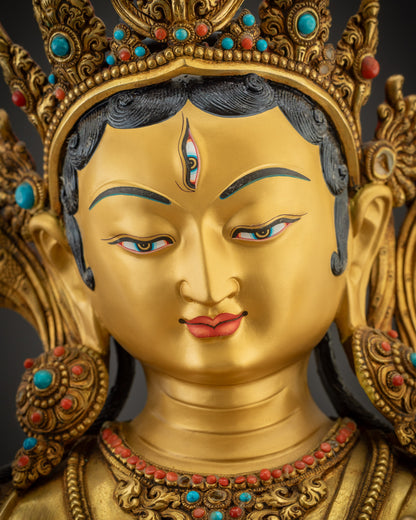 Detailed close up of face White Tara gold-gilded face seven-eyed goddess meditation
