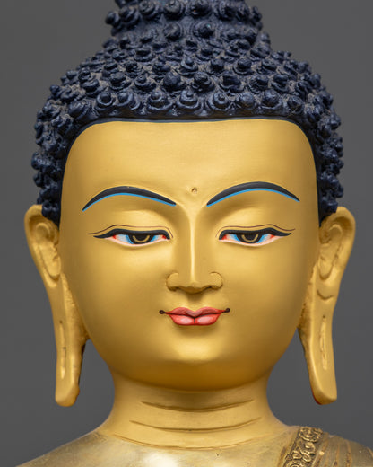 Detailed close up of face showing gold-gilded serene expression and halo

