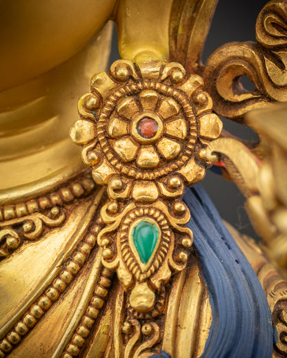 Detailed close up of jeweled earrings and crown of Masterpiece Manjushri Bodhisattva