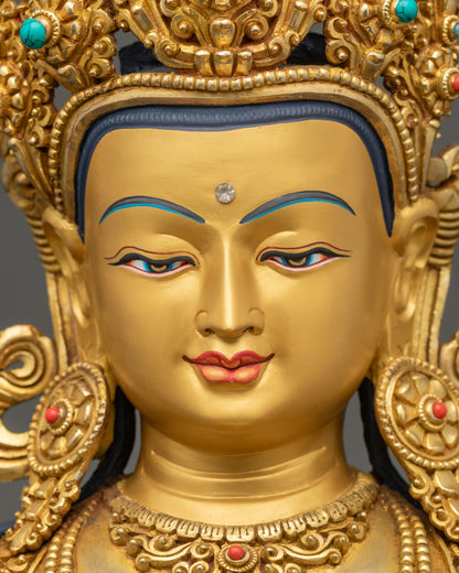 Detailed face close up of Jizo Kshitigarbha statue with majestic calm expression