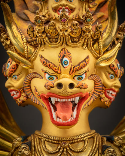 Detailed face close up of Yamantaka with wrathful buffalo head, nine faces, third eye, and skull diadem