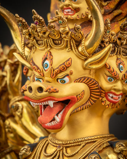 Detailed face close up of Yamantaka with wrathful buffalo head, nine faces, third eye, and skull diadem
