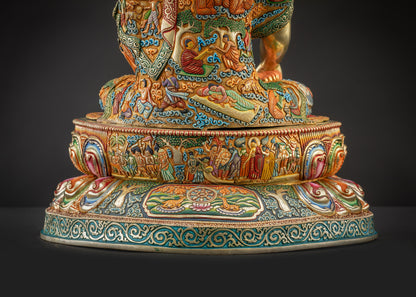 Detailed landscape shot Jowo Rinpoche statue seated on lotus seat back perspectivee