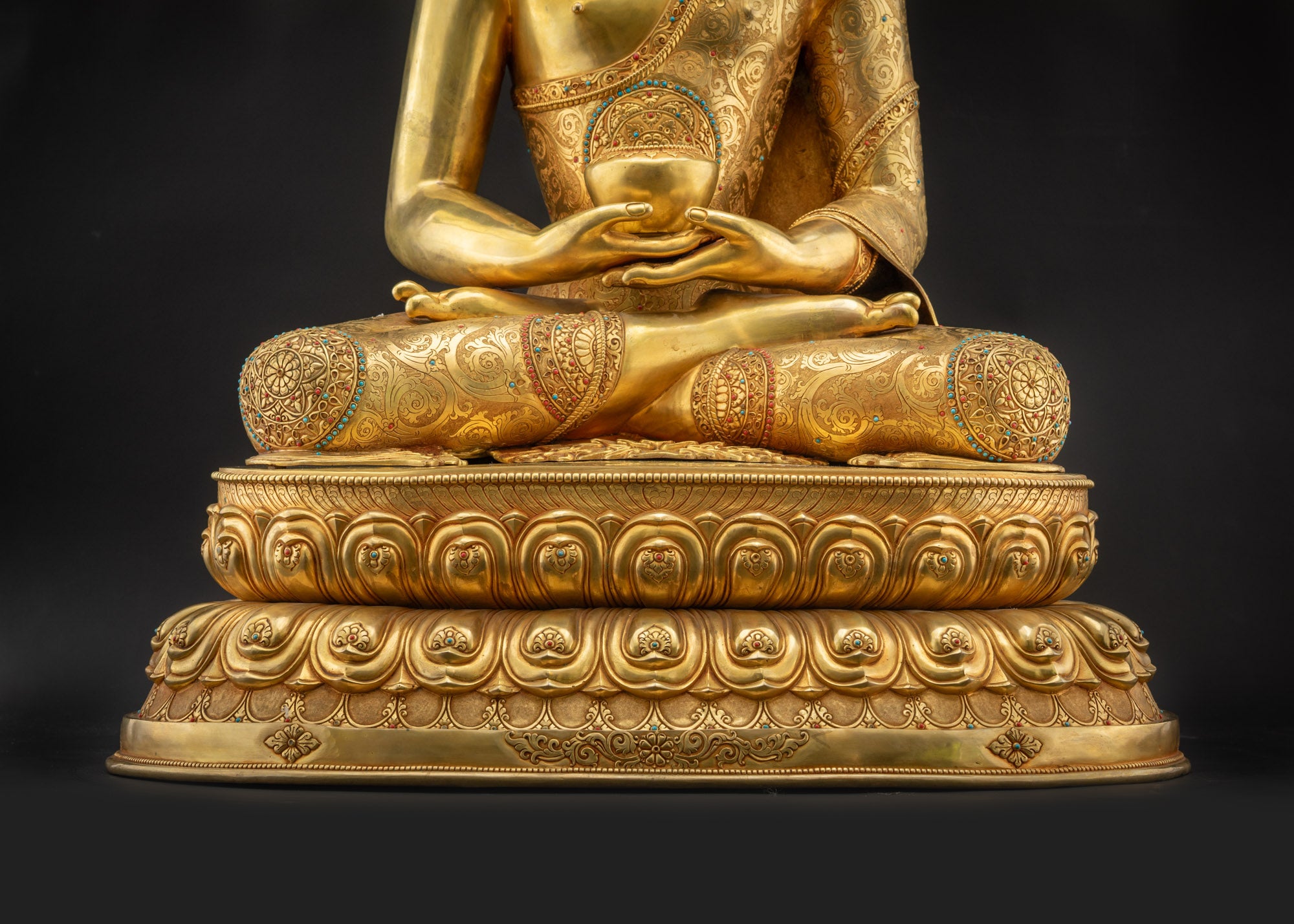 Detailed landscape shot front Amitabha Buddha seated lotus base sacred statue

