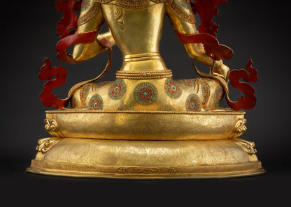 Detailed landscape shot of Green Tara sacred idol on lotus seat back showing carved motifs