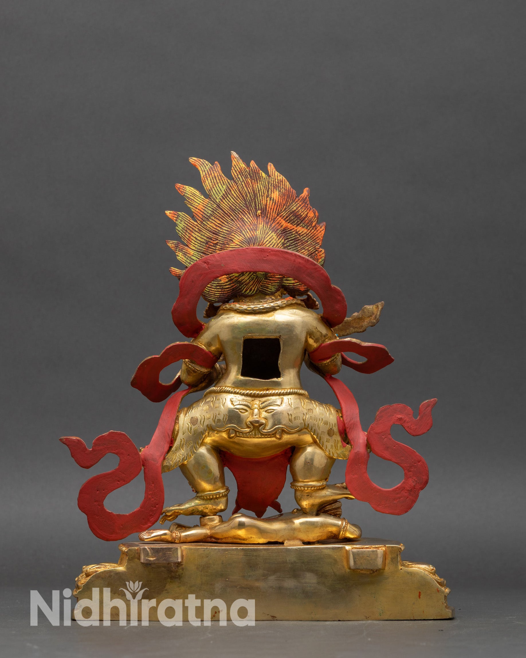Detailed lotus base and blazing halo of Sakya Mahakala Nepalese sculpture