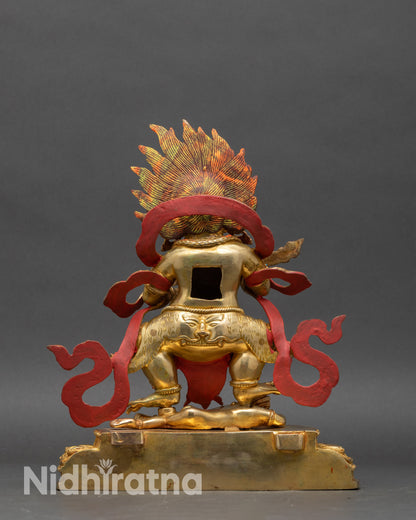 Detailed lotus base and blazing halo of Sakya Mahakala Nepalese sculpture