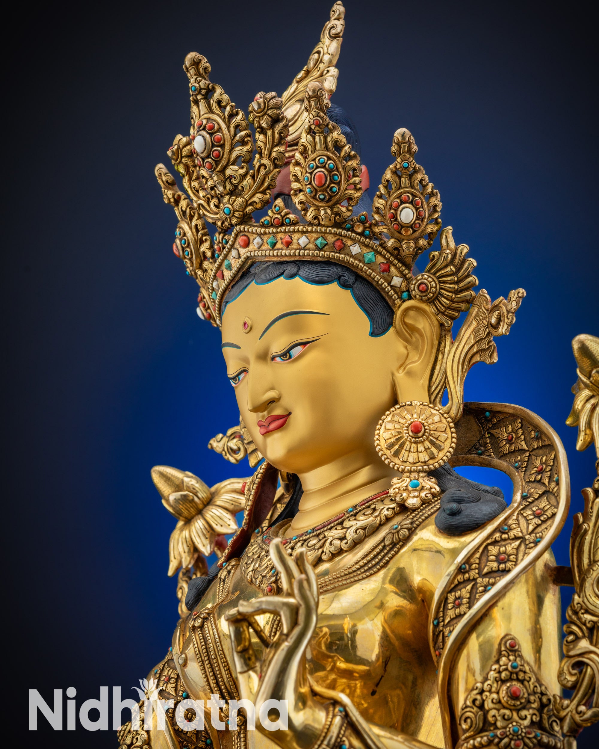 Detailed lower angle Green Tara Statue gold-gilded copper Himalayan masterpiece on lotus seat