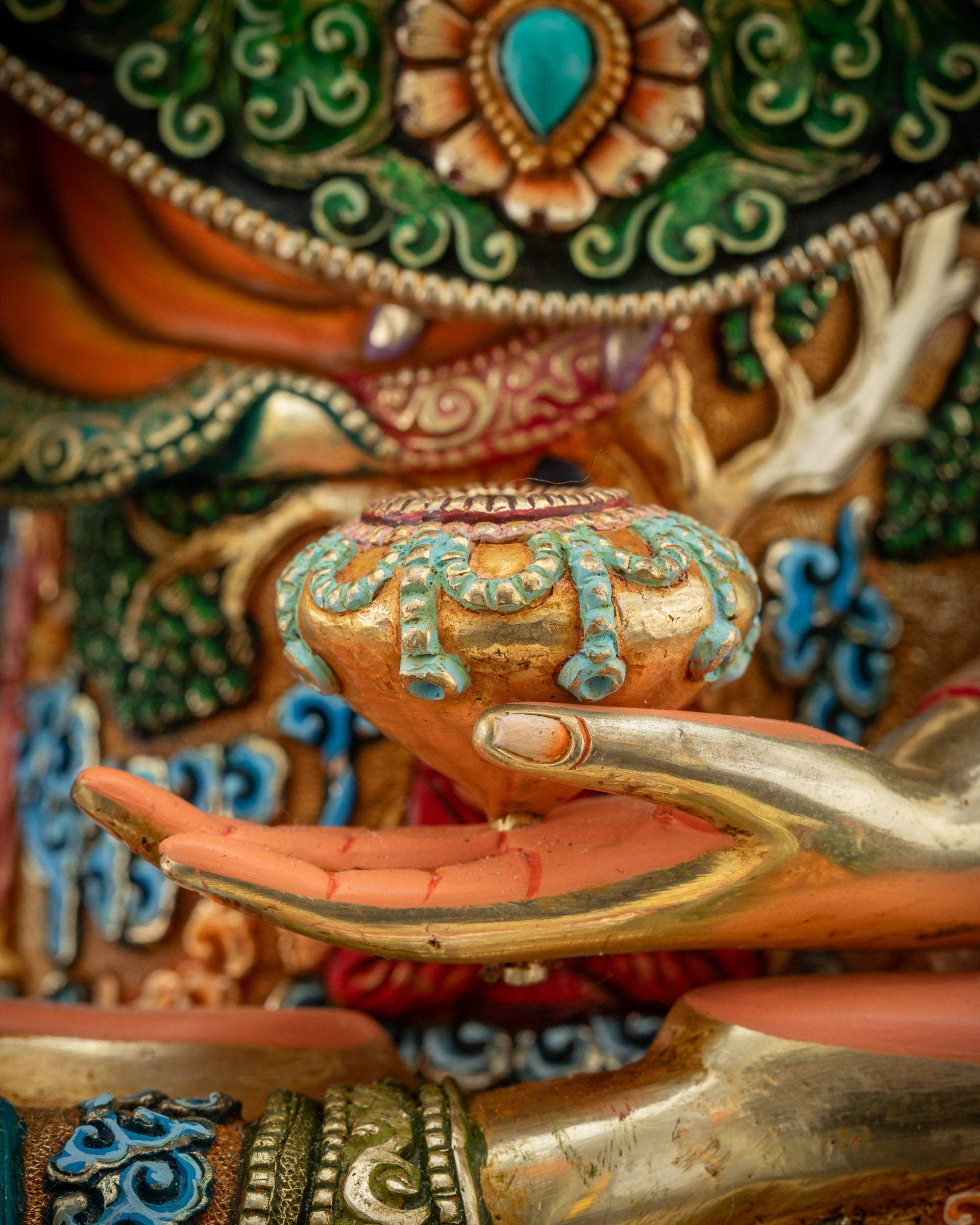 Detailed shot Patra bowl held in dhyana mudra Jowo Rinpoche Shakyamuni statue
