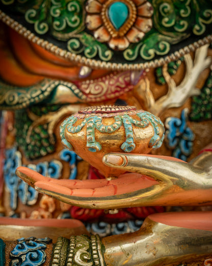 Detailed shot Patra bowl held in dhyana mudra Jowo Rinpoche Shakyamuni statue
