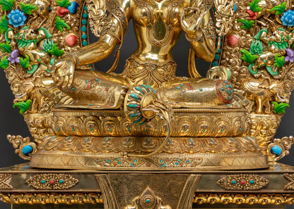 Detailed shot of Green Tara Statue seated on double-layered lotus seat
