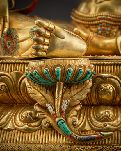Detailed shot of Green Tara seated on lotus pedestal with royal-ease pose and lotus petals