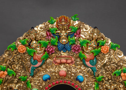 Detailed shot of parasol top Tibetan throne crowned with carved parasol ornament