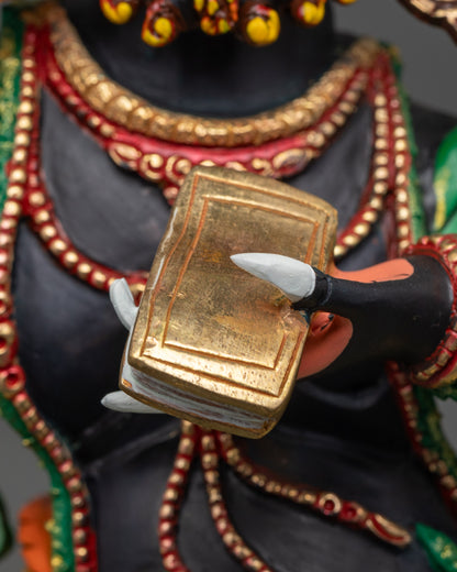 Detailed shot of third eye face, five-skull crown, and black copper body