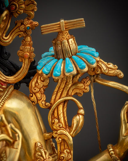 Detailed shot of utpala flower and Prajnaparamita Sutra in Maha Manjushri statue left hand.
