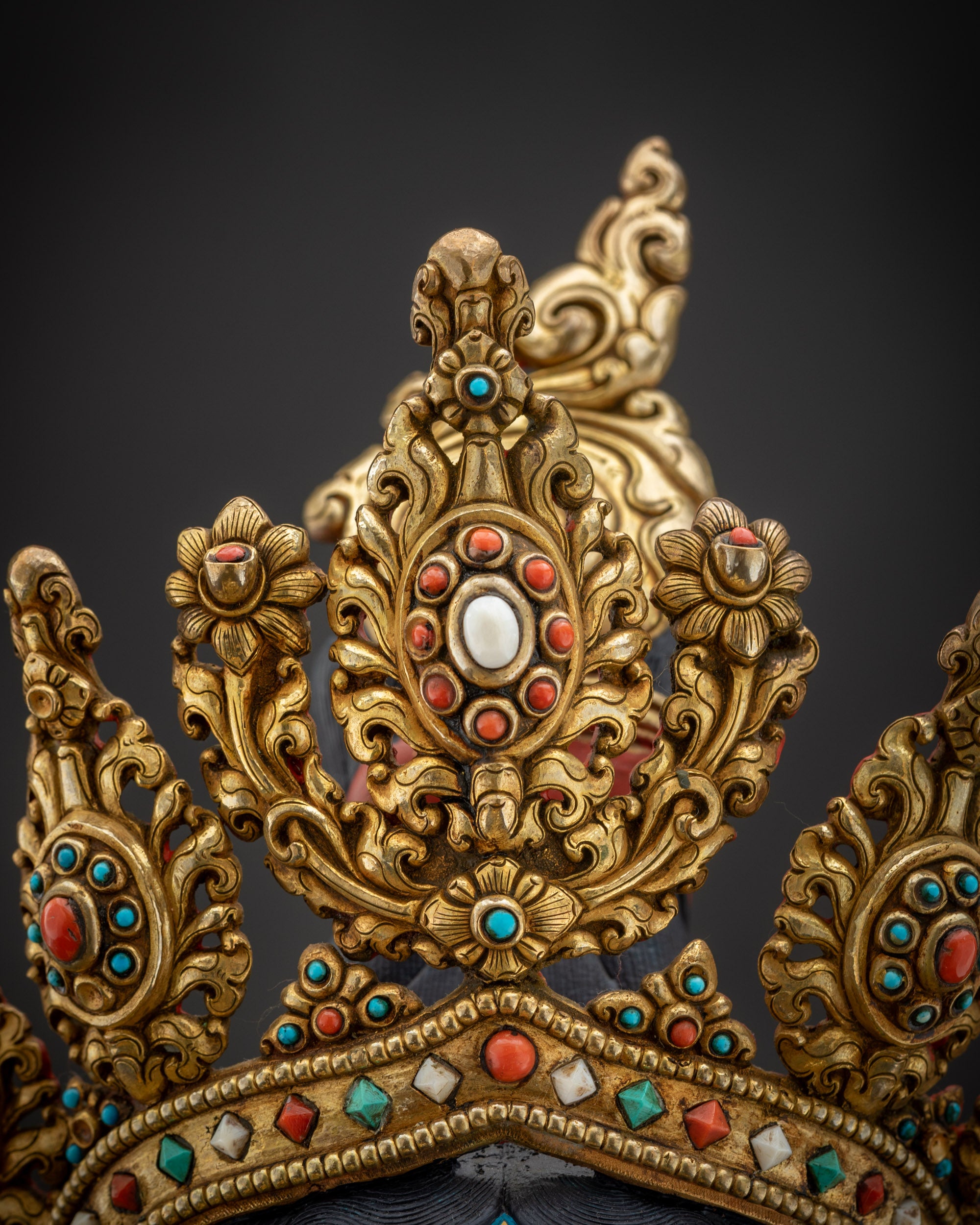 Detailed side Green Tara spiritual sculpture side view flowing robes on lotus pedestal
