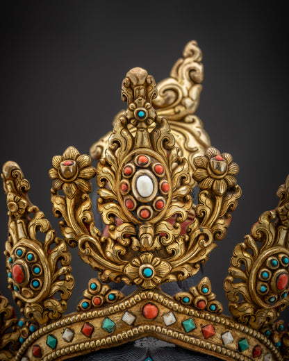 Detailed side Green Tara spiritual sculpture side view flowing robes on lotus pedestal
