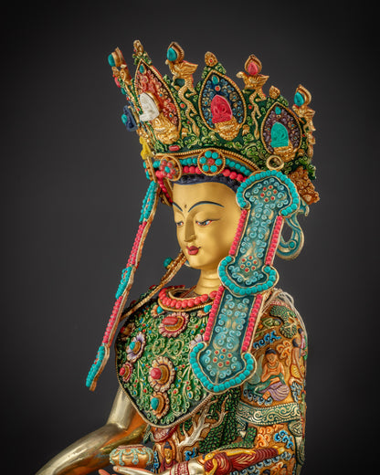 Detailed side Jowo Rinpoche Shakyamuni statue showing robe carvings and gem inlays
