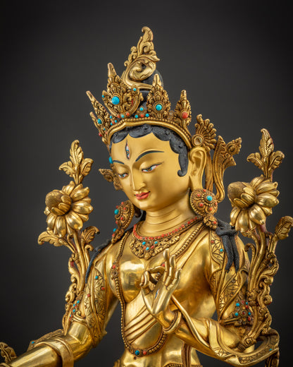 Detailed side White Tara sculpture intricate robe carving semi-precious stones artwork

