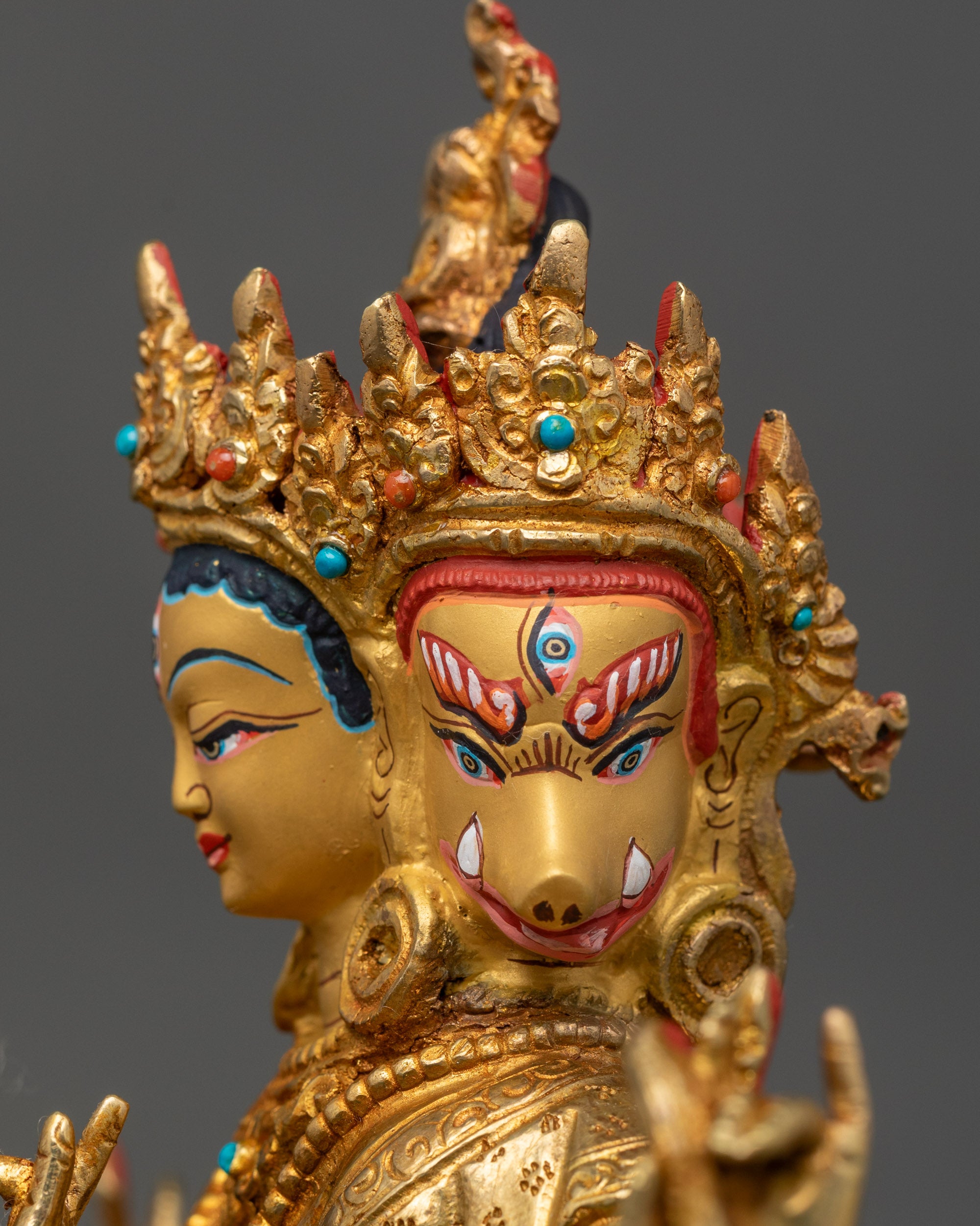 Detailed side close-up face of Marichi showing divine features and gold paint